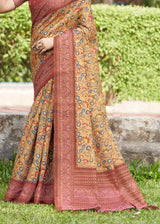 Antique Yellow Linen Kalamkari Digital Print Saree