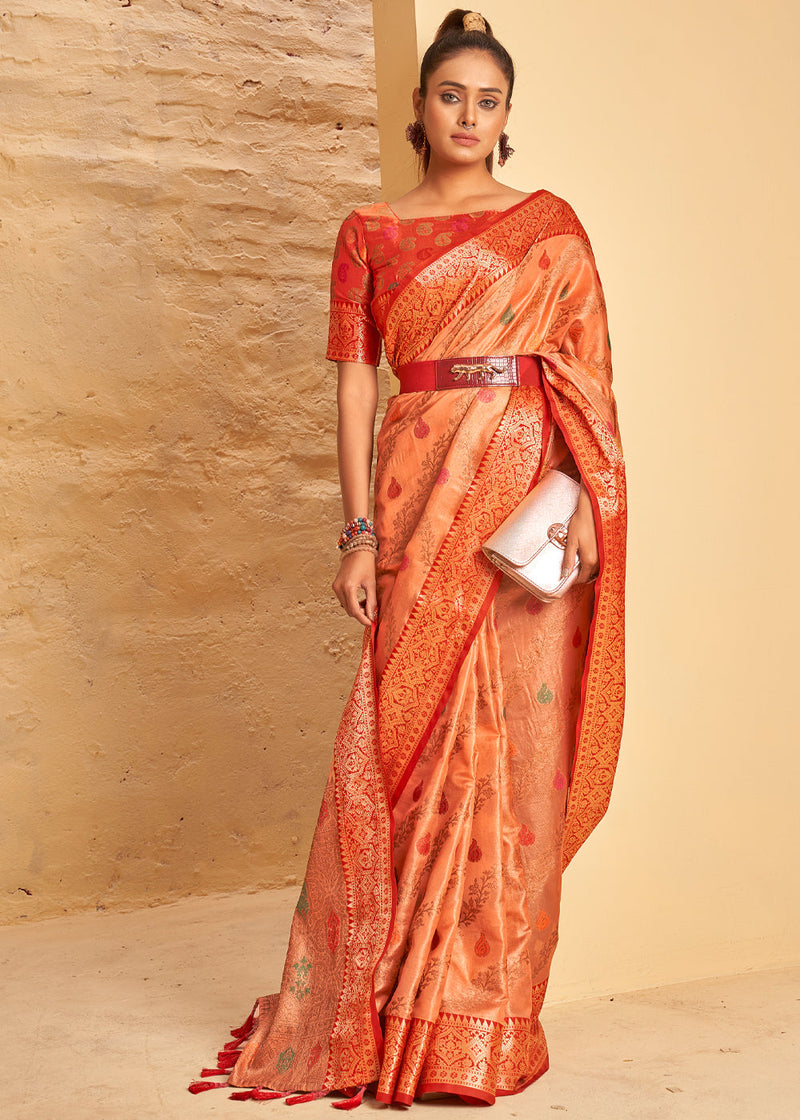 Coral Orange Woven Banarasi Brocade Silk Saree