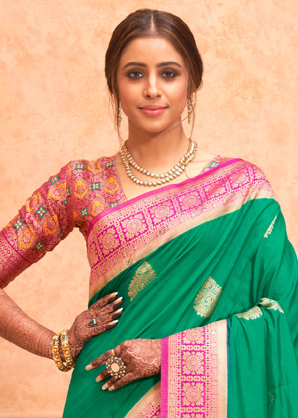 Buy MySilkLove Salem Green and Pink Zari Woven Banarasi Silk Saree Online