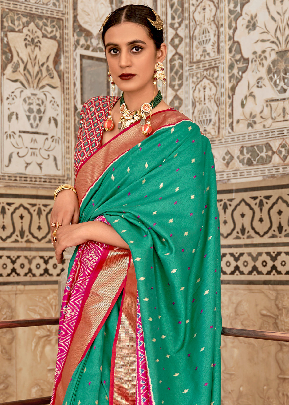 Buy MySilkLove Elf Green and Pink Blue Cotton Patola Printed Saree Online