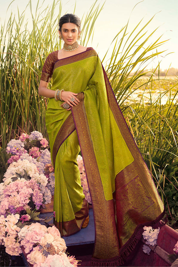 Buy MySilkLove Hacienda Green and Purple Woven Kanjivaram Saree Online
