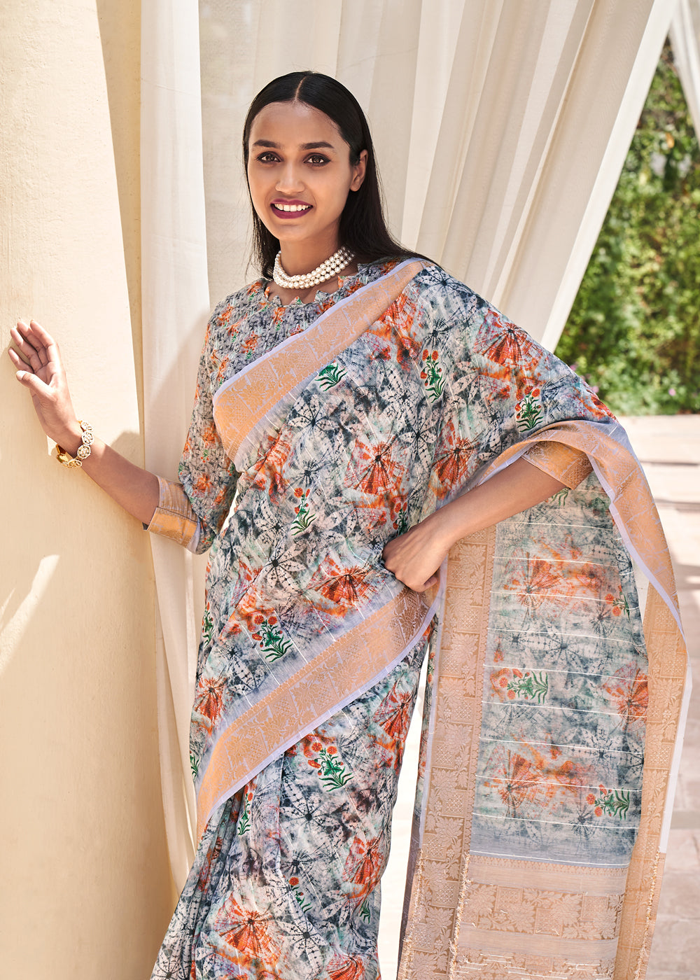 Buy MySilkLove Pale Slate Grey Digital Print Linen Saree Online