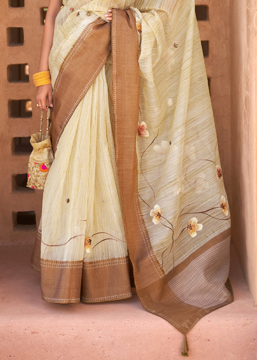 Buy MySilkLove Wheat Cream Printed Kora Silk Saree Online