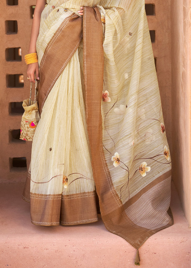 Chinon Saree with blouse in Cream colour 8004