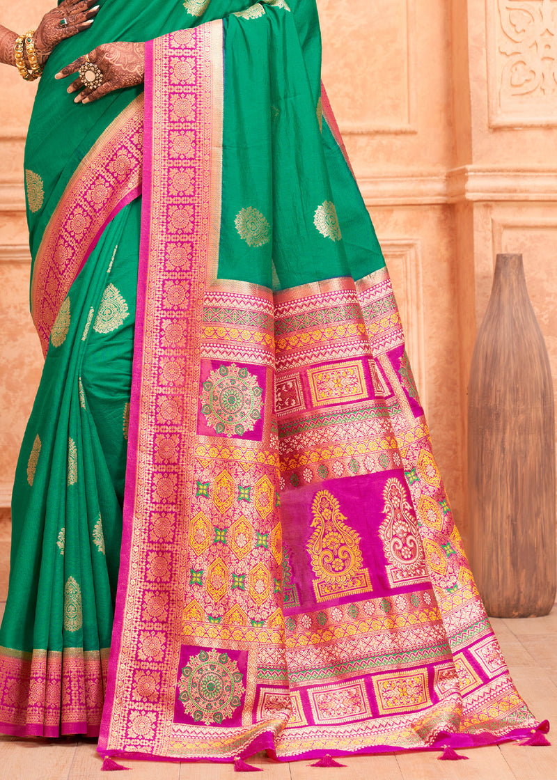 Salem Green and Pink Zari Woven Banarasi Silk Saree