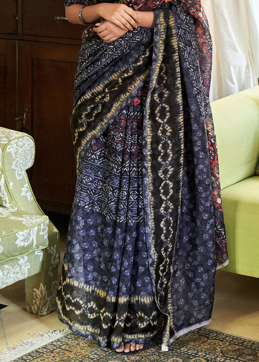 Buy MySilkLove Trout Blue and Black Cotton Linen Batik Printed Saree Online