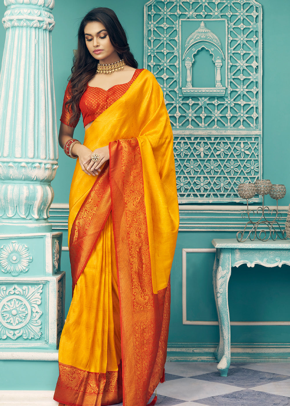 Buy MySilkLove Neon Carrot Orange and Red kanjivaram Saree Online