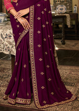 Cab Sav Purple Designer Embroidered Silk Saree