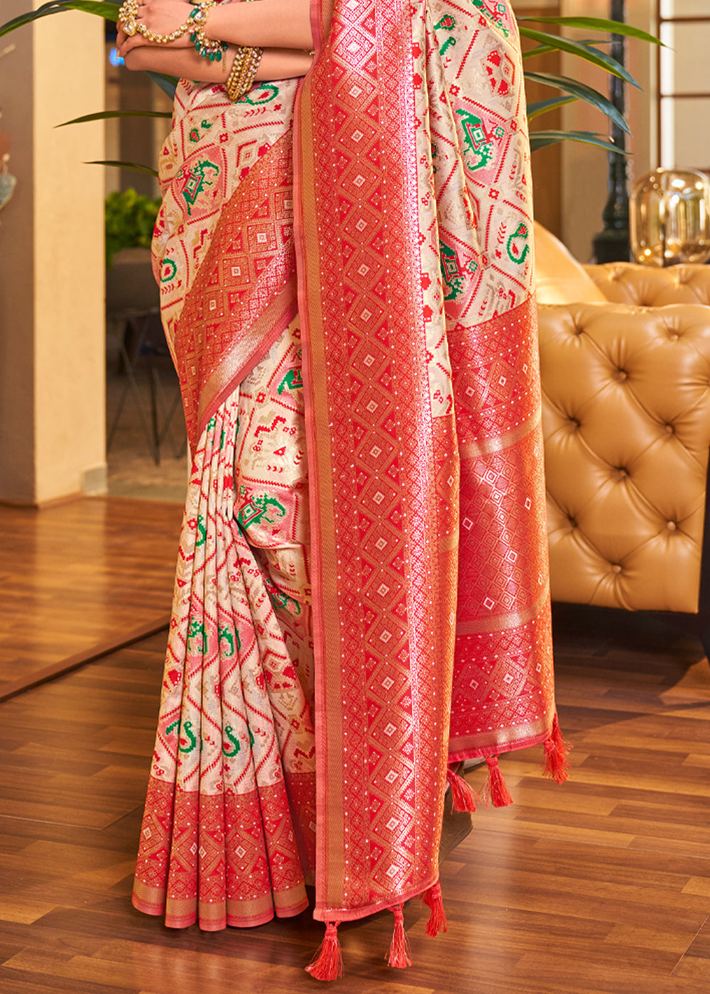 Buy MySilkLove Astra Cream Woven Banarasi Patola Silk Saree Online