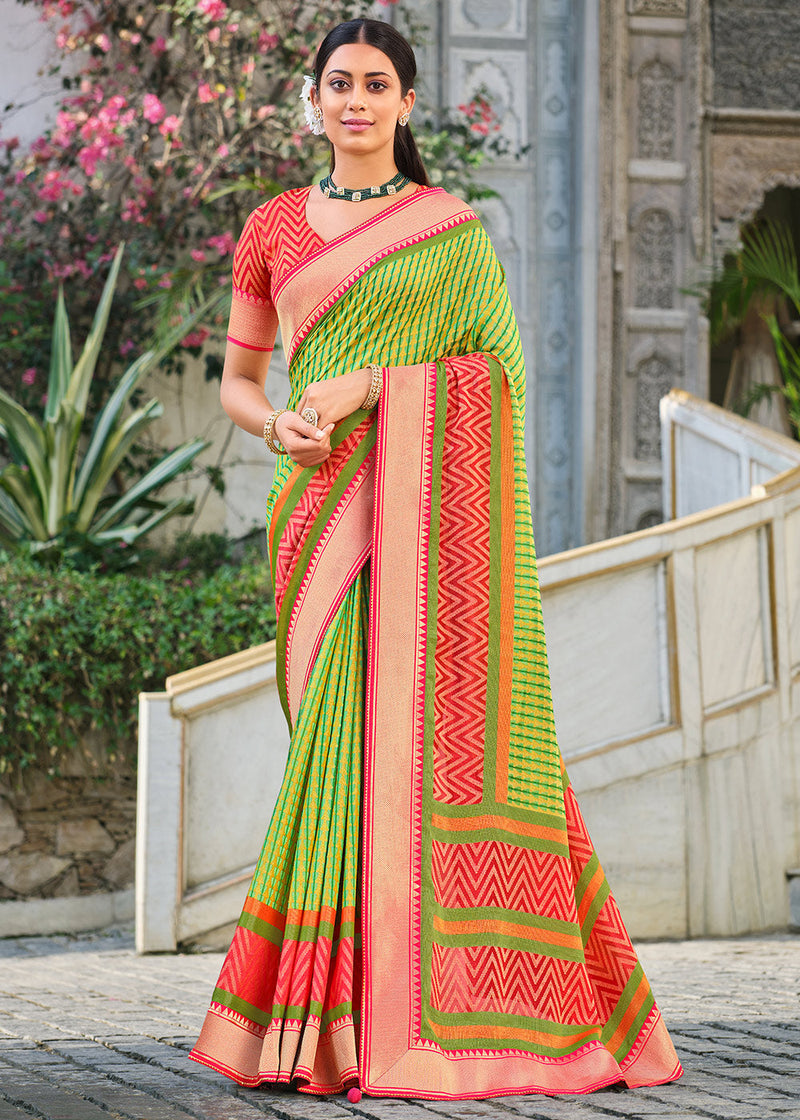 Celery Green and Red Brasso Patola Printed Saree