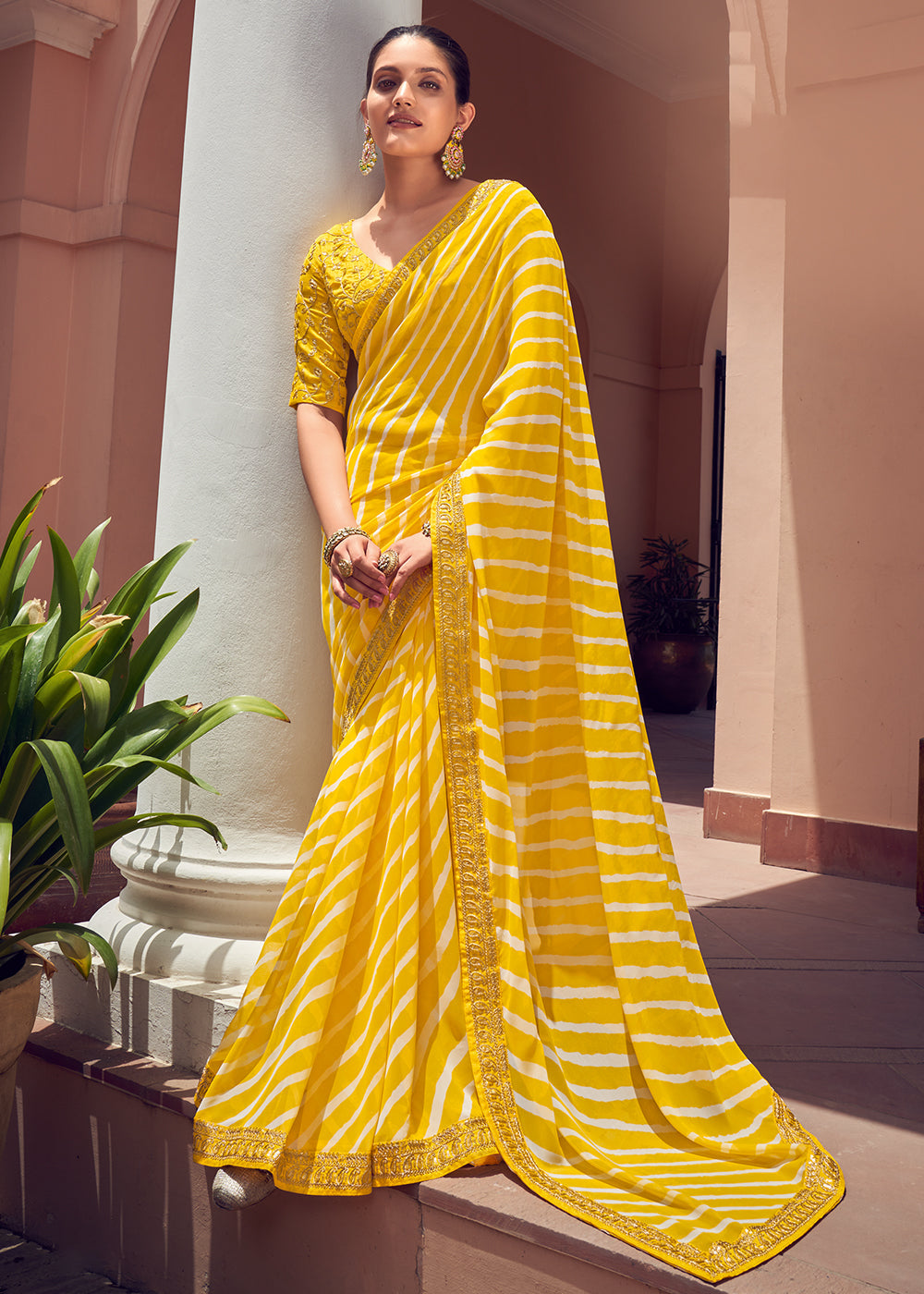 Buy MySilkLove Tulip Tree Yellow Lehriya Print Georgette Saree With Embroidered Blouse Online