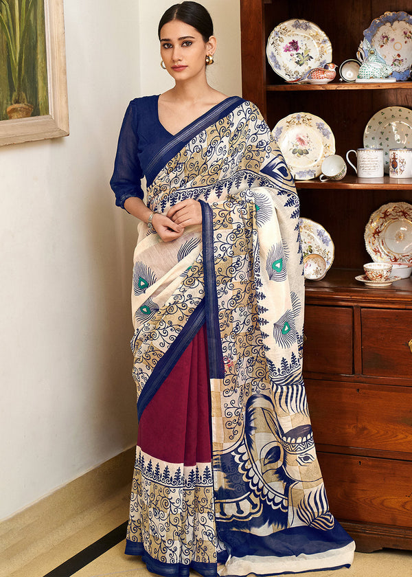 Sisal White Blue and Mroon Cotton Linen Batik Printed Saree