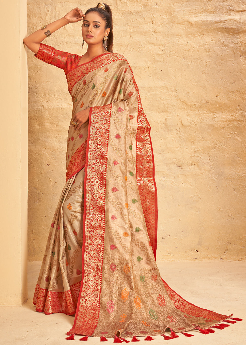 Buy MySilkLove Flesh Cream Woven Banarasi Brocade Silk Saree Online