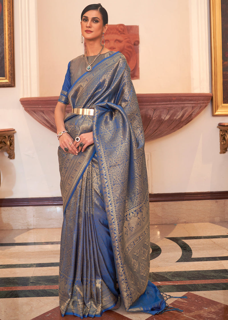 Bdazzled Blue Woven Kanjivaram Silk Saree