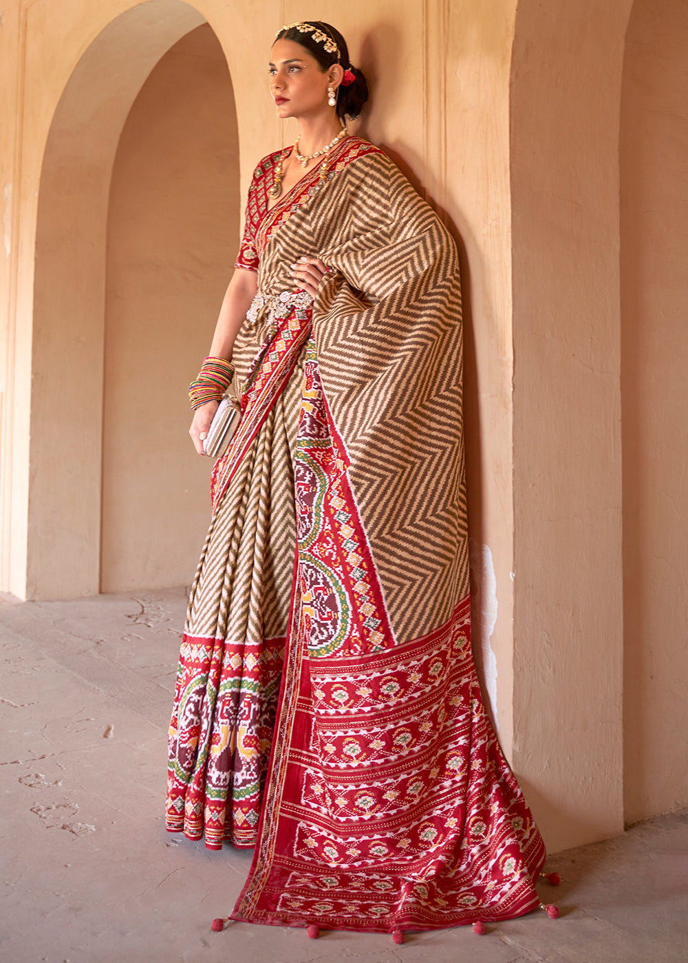 Buy MySilkLove Teak Brown and Red Printed Patola Silk Saree Online