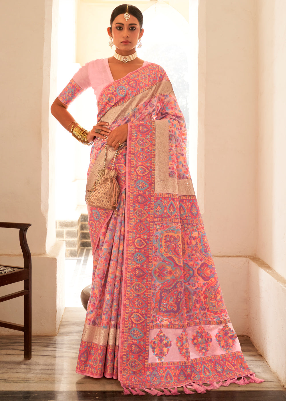 Buy MySilkLove Apricot Pink Woven Banarasi Jamewar Kashmiri Silk Saree Online