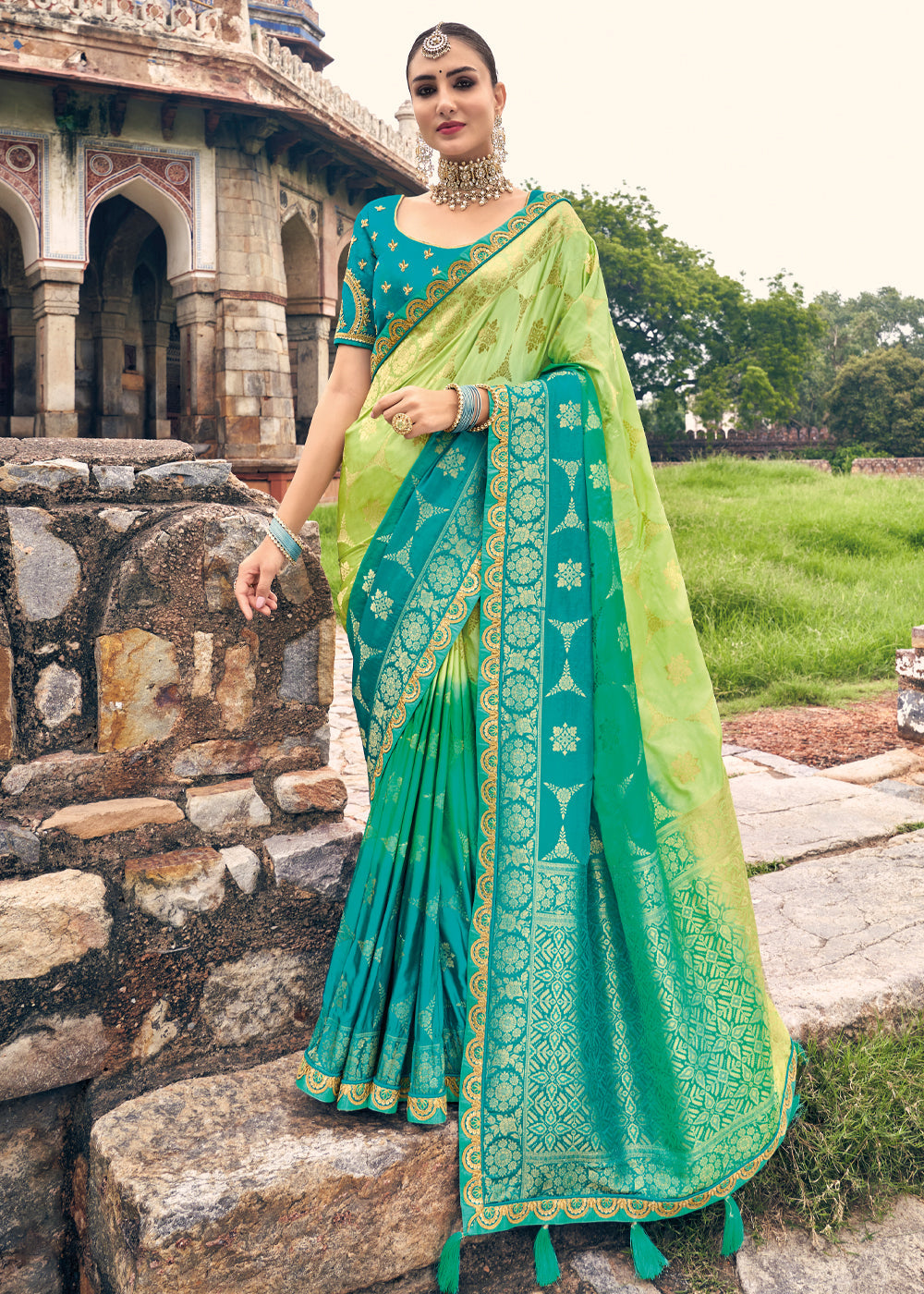 Buy MySilkLove Celery Green and Blue Zari Woven Designer Banarasi Saree Online