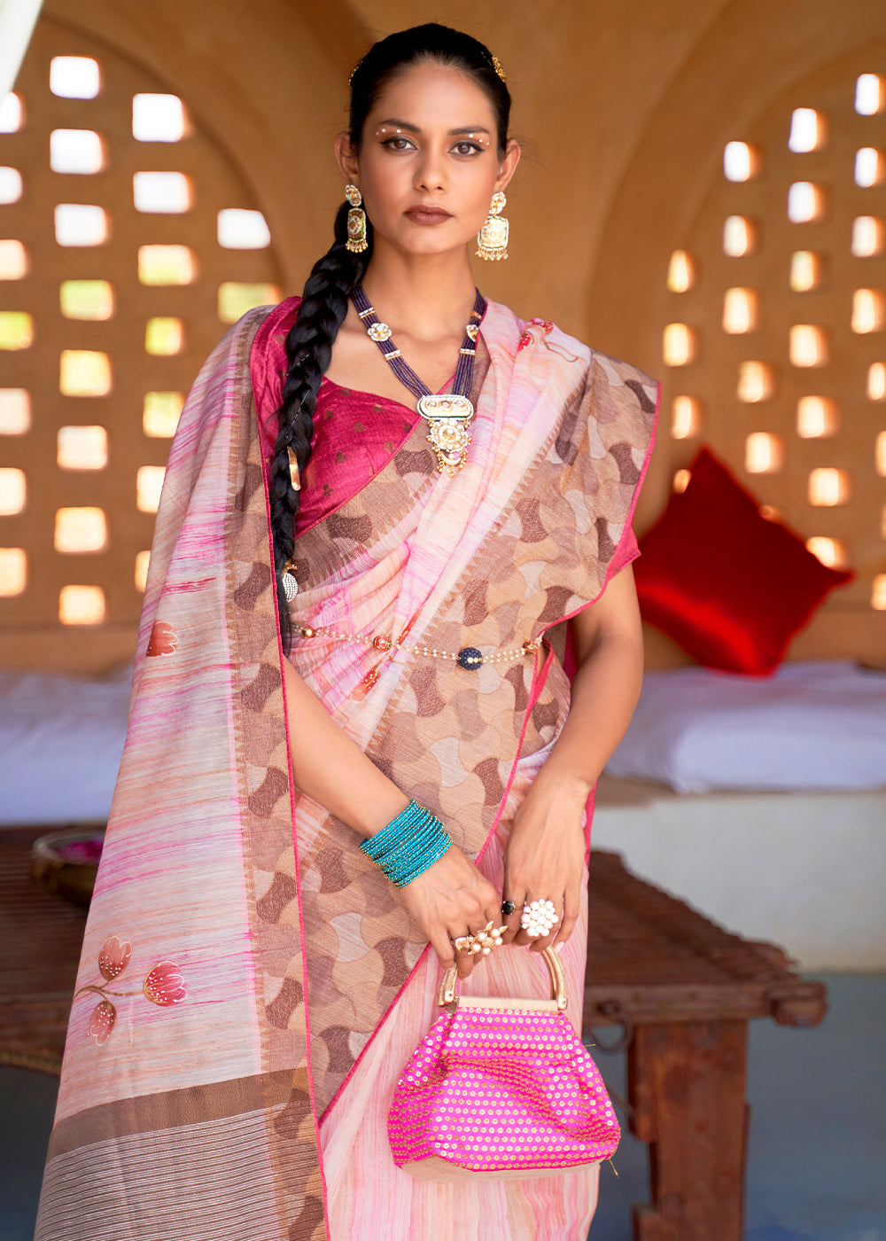 MySilkLove Beauty Pink Printed Kora Silk Saree