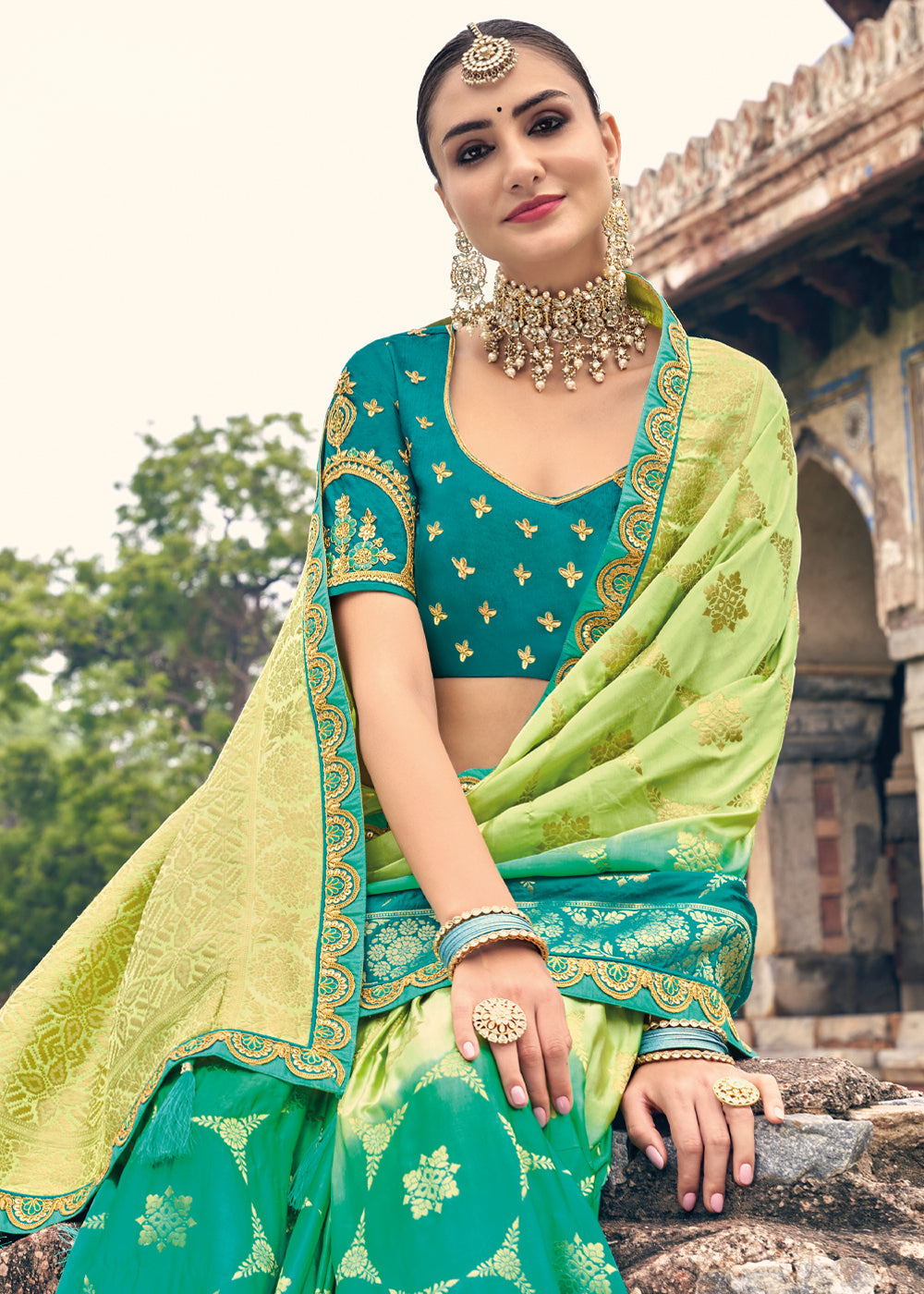 Buy MySilkLove Celery Green and Blue Zari Woven Designer Banarasi Saree Online