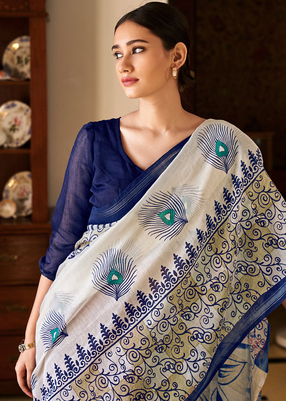 MySilkLove Sisal White Blue and Mroon Cotton Linen Batik Printed Saree