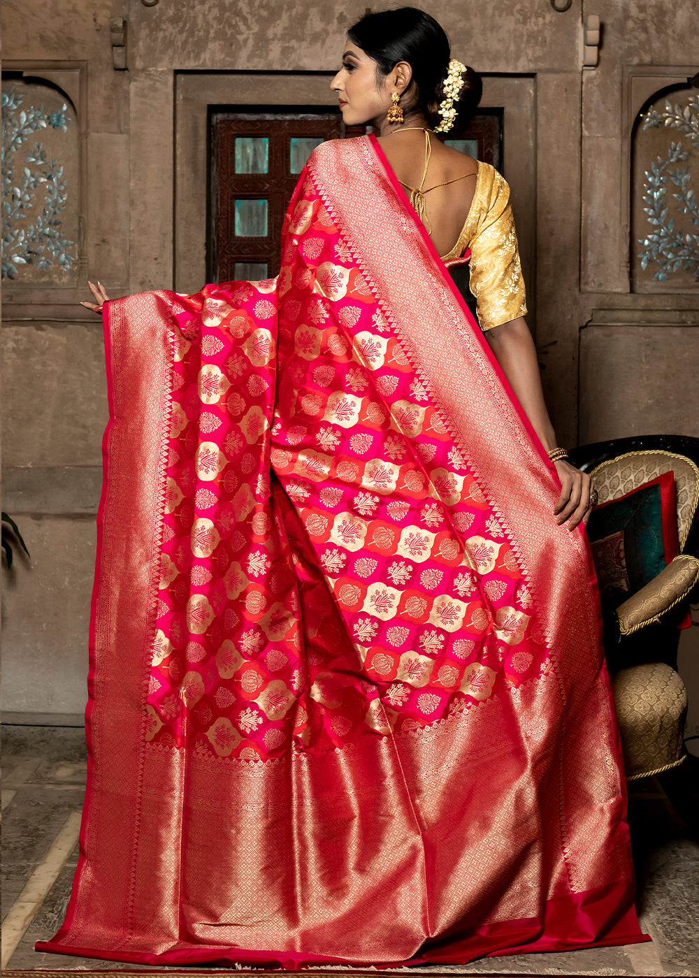 Buy MySilkLove Radical Red  Hand Woven Katan Pure Silk Saree Online