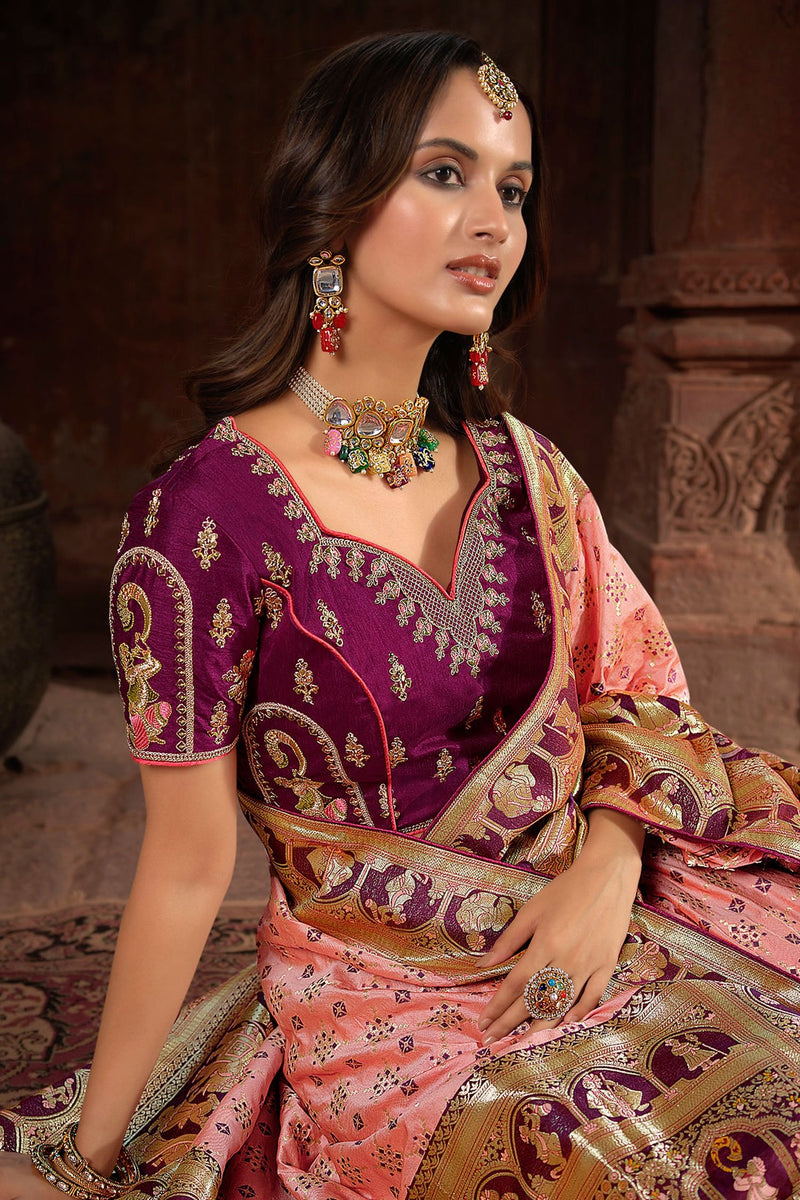 Froly Pink and Purple Designer Banarasi Woven Silk Saree