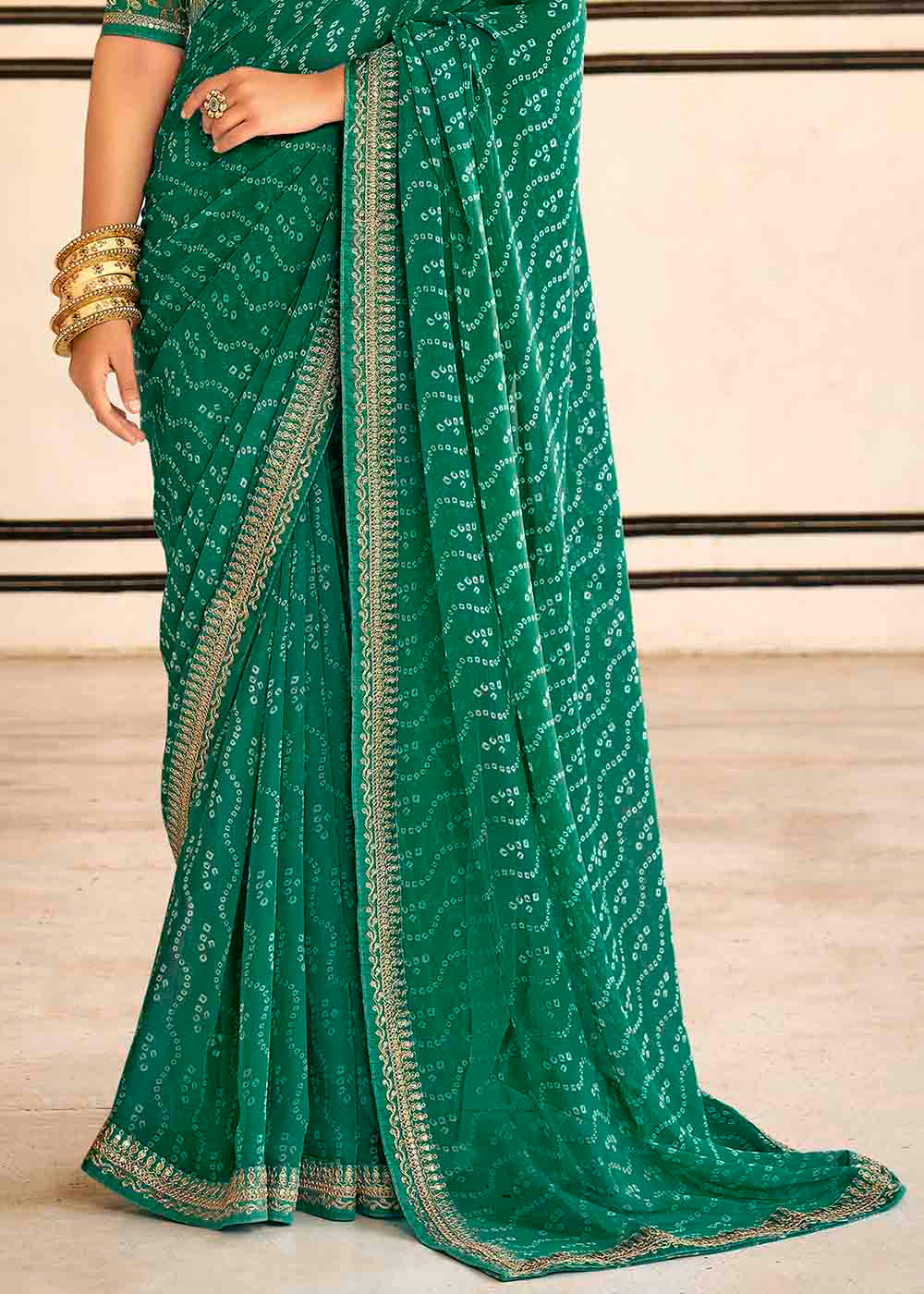 Buy MySilkLove Fun Green Georgette Leheriya Printed Saree with Embroidered Blouse Online