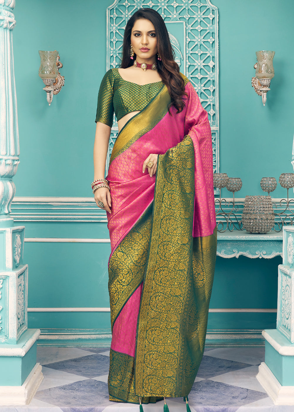 MySilkLove Tickle Me Pink and Green kanjivaram Saree