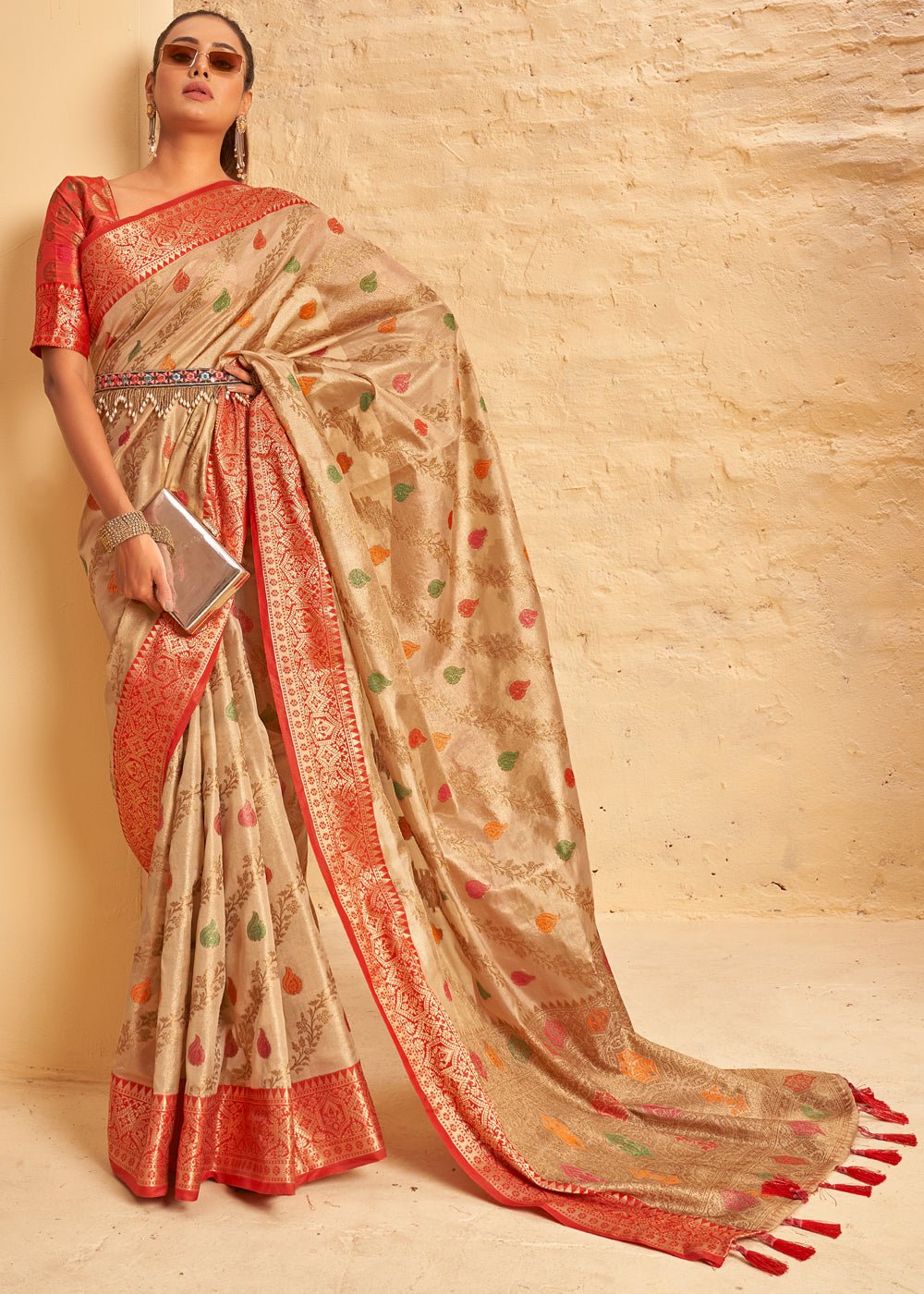 Buy MySilkLove Flesh Cream Woven Banarasi Brocade Silk Saree Online