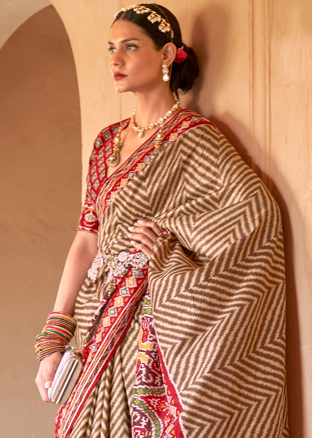 Buy MySilkLove Teak Brown and Red Printed Patola Silk Saree Online