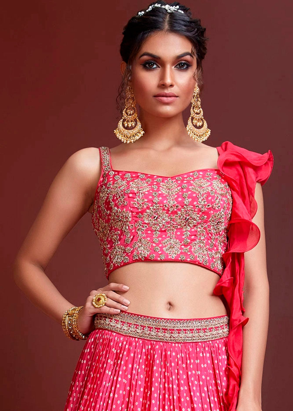 Buy MySilkLove Salmon Pearl Pink Bandhani Printed Chinon Silk Lehenga Choli Online