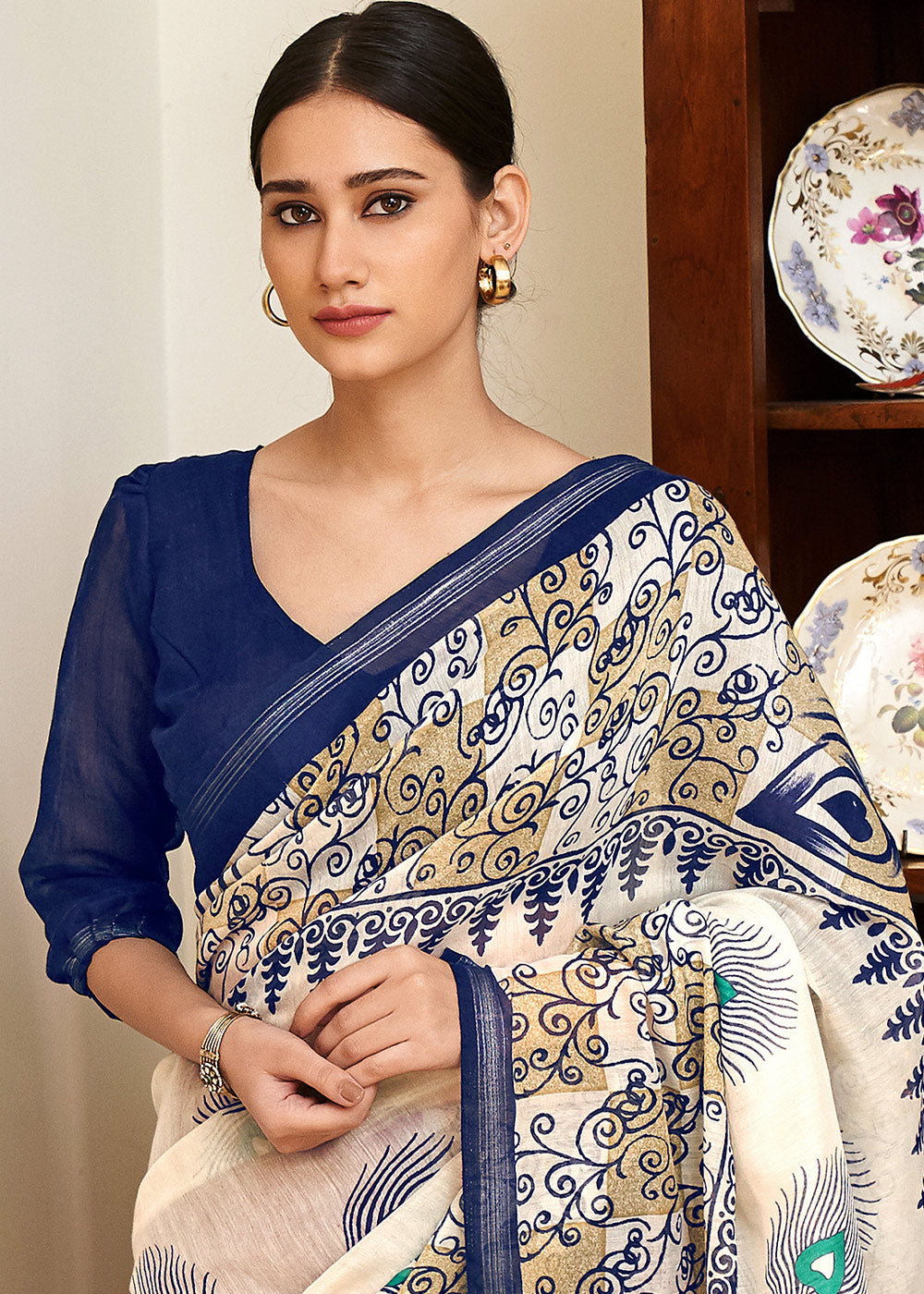 Buy MySilkLove Sisal White Blue and Mroon Cotton Linen Batik Printed Saree Online