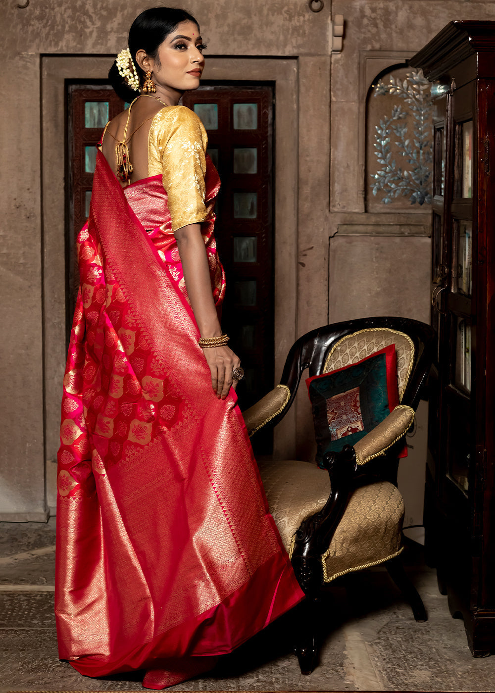 Buy MySilkLove Radical Red  Hand Woven Katan Pure Silk Saree Online