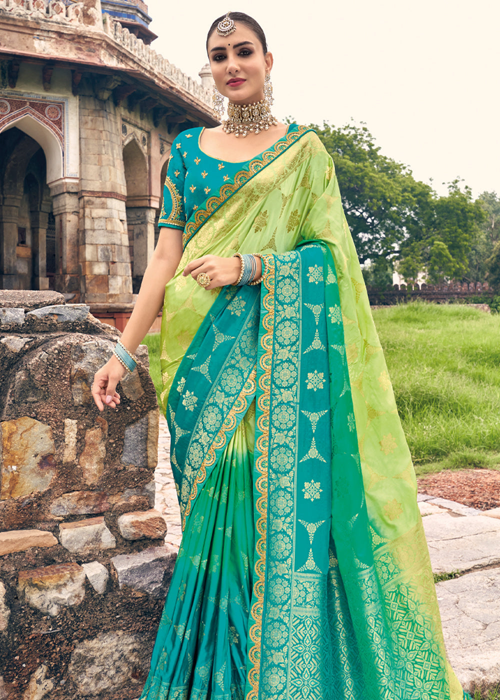 Buy MySilkLove Celery Green and Blue Zari Woven Designer Banarasi Saree Online