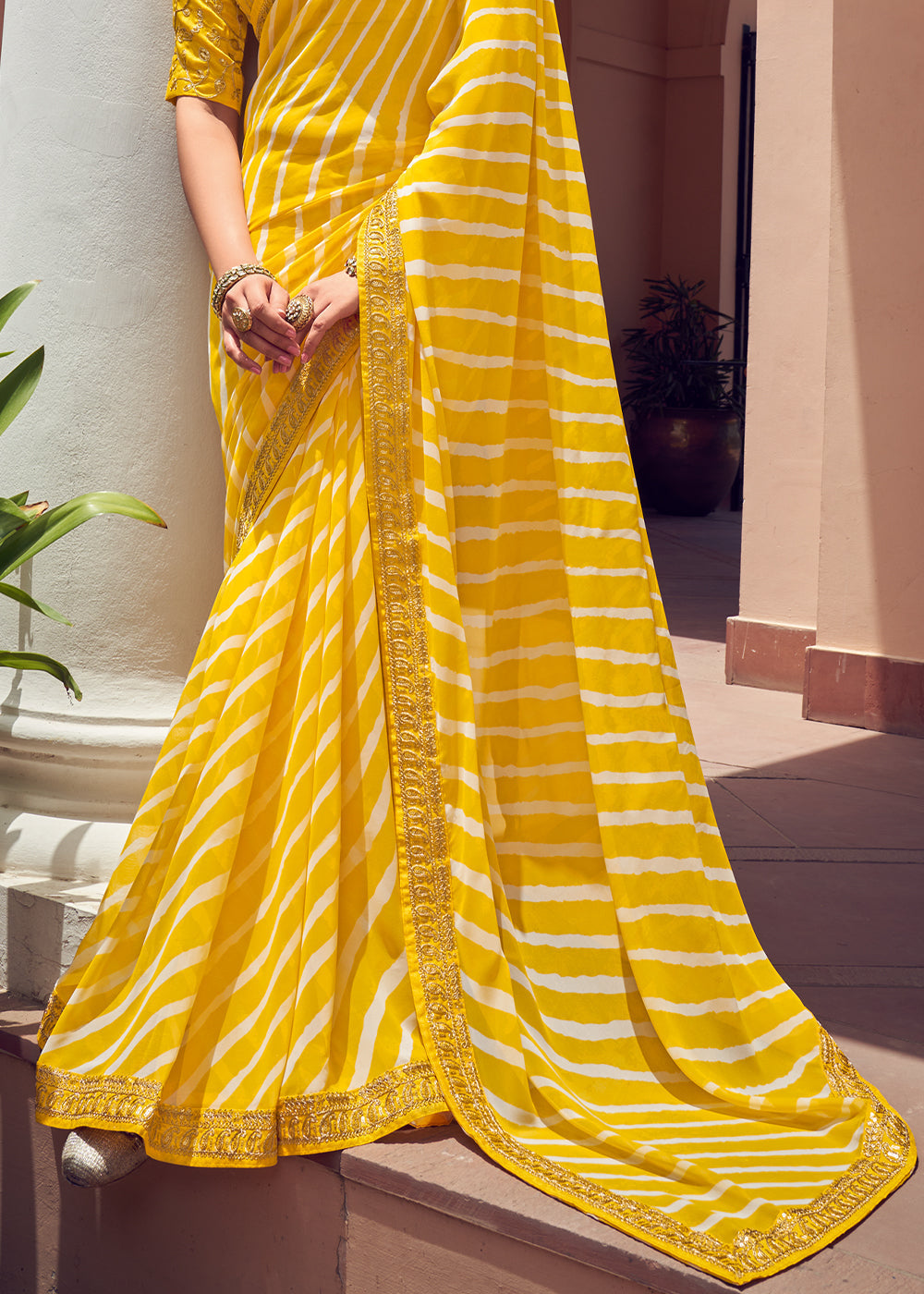Buy MySilkLove Tulip Tree Yellow Lehriya Print Georgette Saree With Embroidered Blouse Online