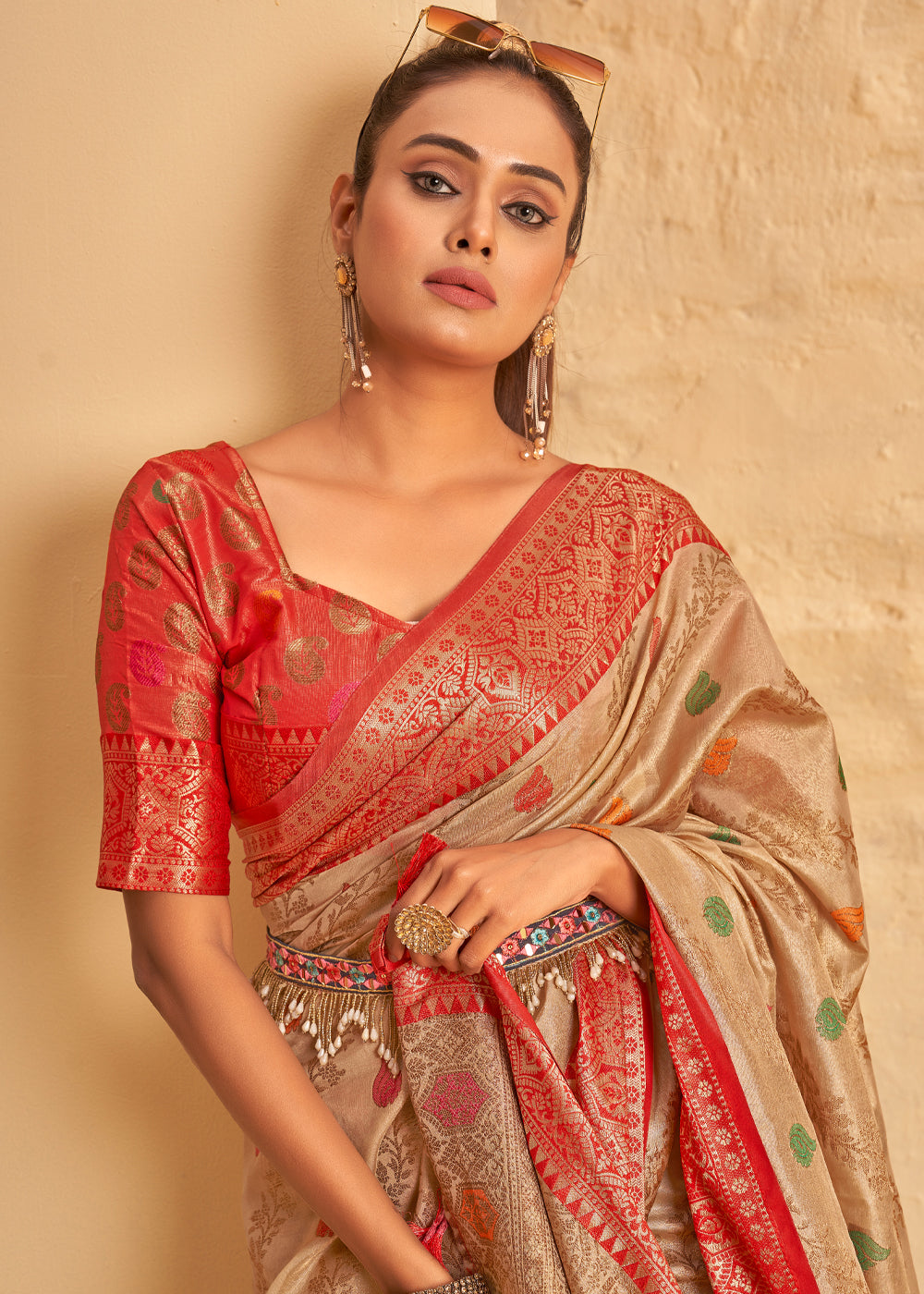 Buy MySilkLove Flesh Cream Woven Banarasi Brocade Silk Saree Online