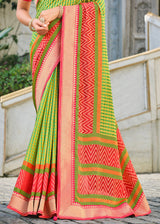 Celery Green and Red Brasso Patola Printed Saree