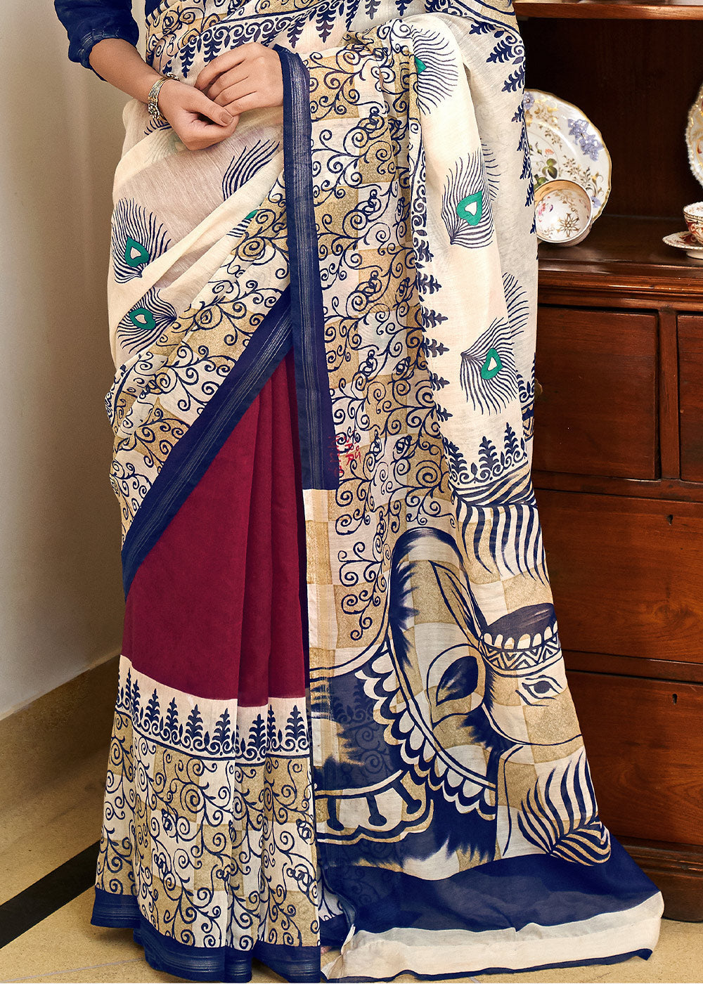 Buy MySilkLove Sisal White Blue and Mroon Cotton Linen Batik Printed Saree Online