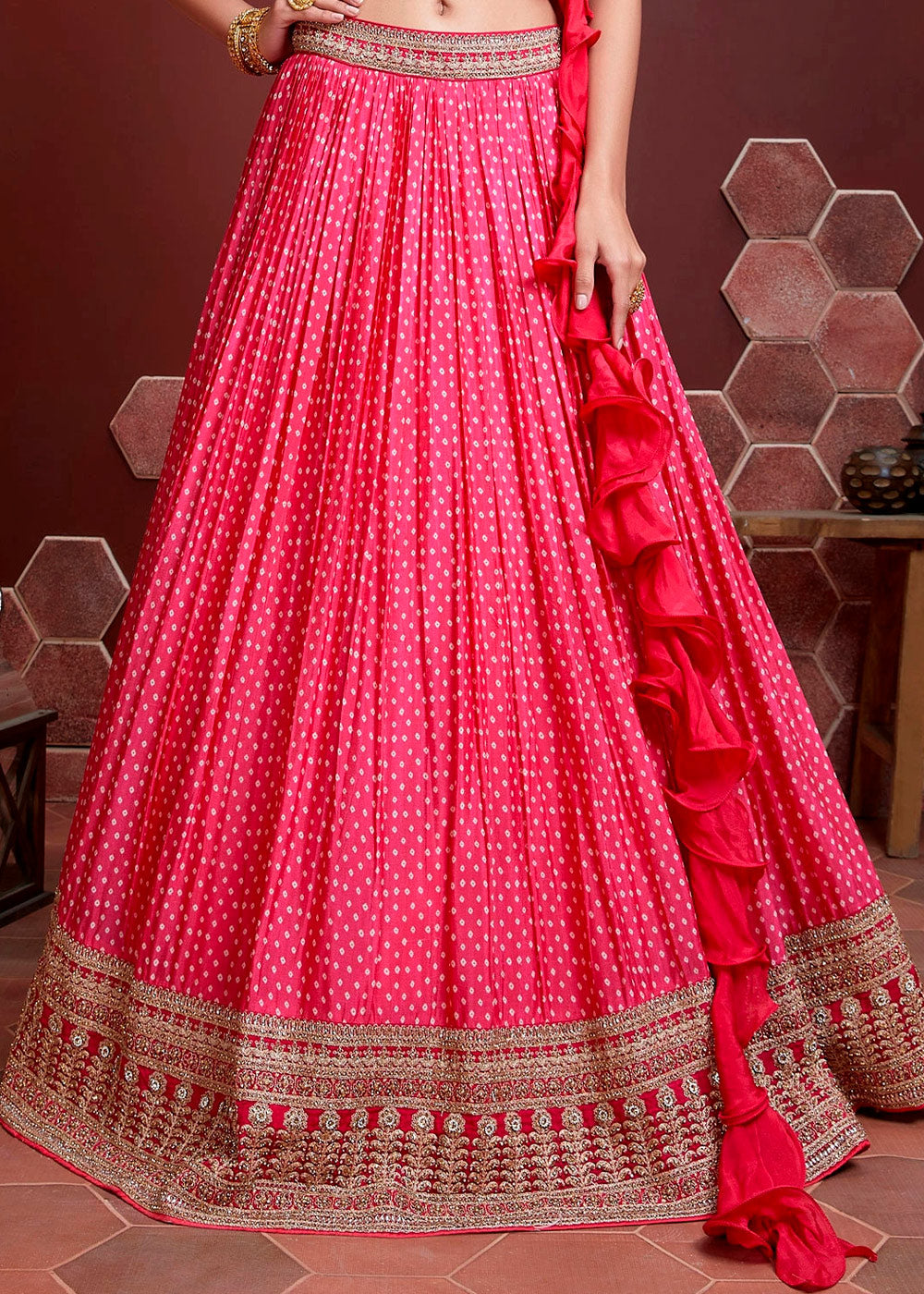 Buy MySilkLove Salmon Pearl Pink Bandhani Printed Chinon Silk Lehenga Choli Online