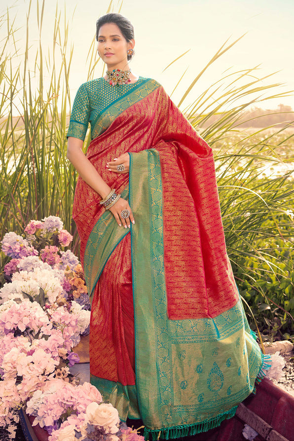 Buy MySilkLove Crail Pink and Blue Woven Kanjivaram Saree Online