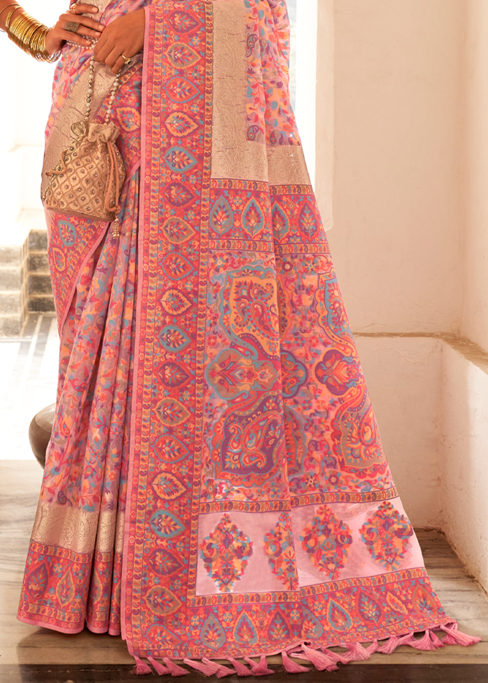 Buy MySilkLove Apricot Pink Woven Banarasi Jamewar Kashmiri Silk Saree Online