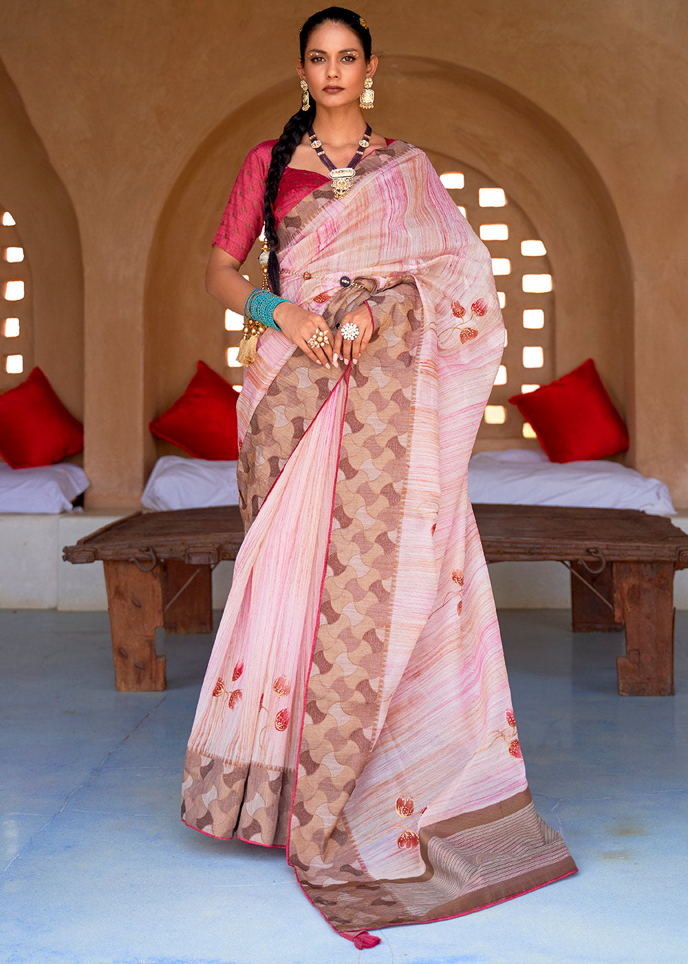 Buy MySilkLove Beauty Pink Printed Kora Silk Saree Online