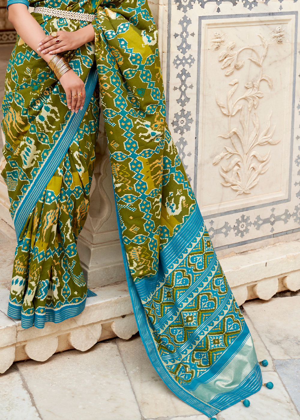 Buy MySilkLove Shamrock Green and Blue Cotton Patola Printed Saree Online