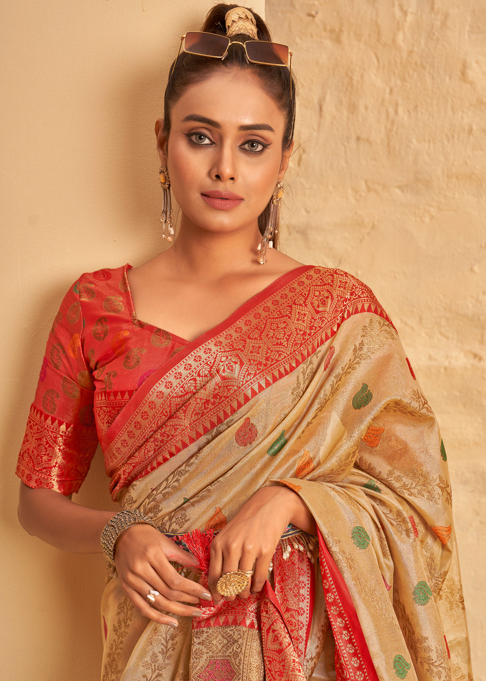 Buy MySilkLove Flesh Cream Woven Banarasi Brocade Silk Saree Online