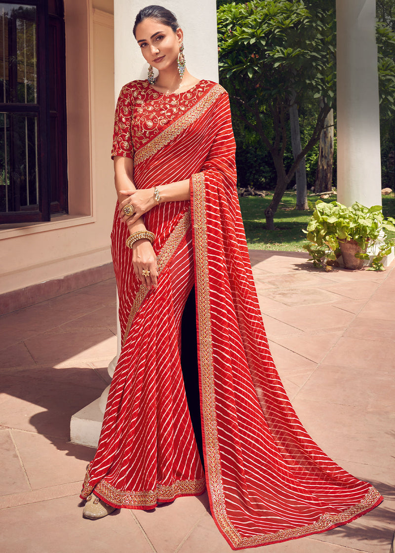 Valencia Red Lehriya Print Georgette Saree With Embroidered Blouse