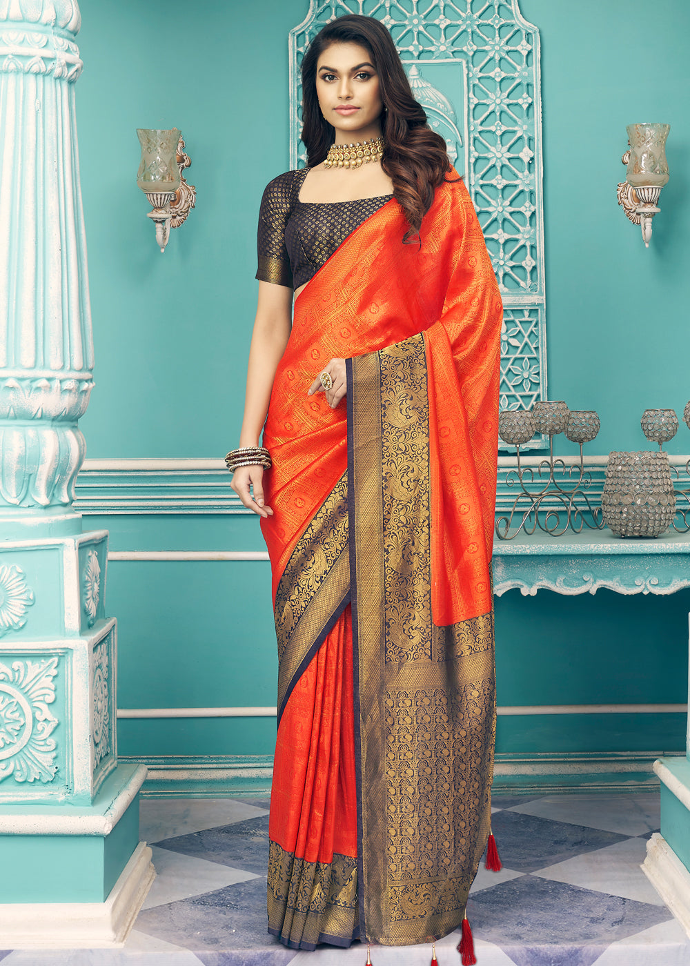 Buy MySilkLove Smashed Orange and Black kanjivaram Saree Online