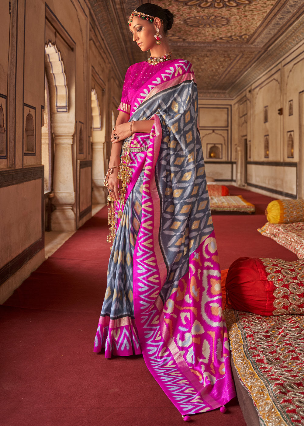 Buy MySilkLove Smoke Grey and Pink Printed Patola Silk Saree Online