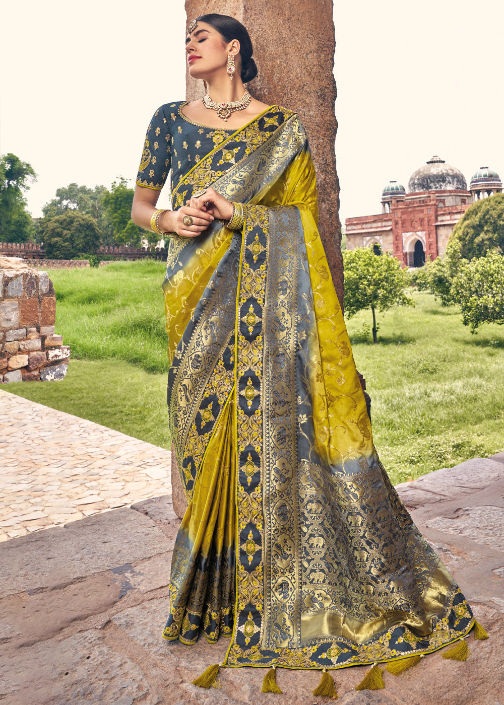 Buy MySilkLove Rob Roy Yellow and Blue Zari Woven Designer Banarasi Saree Online