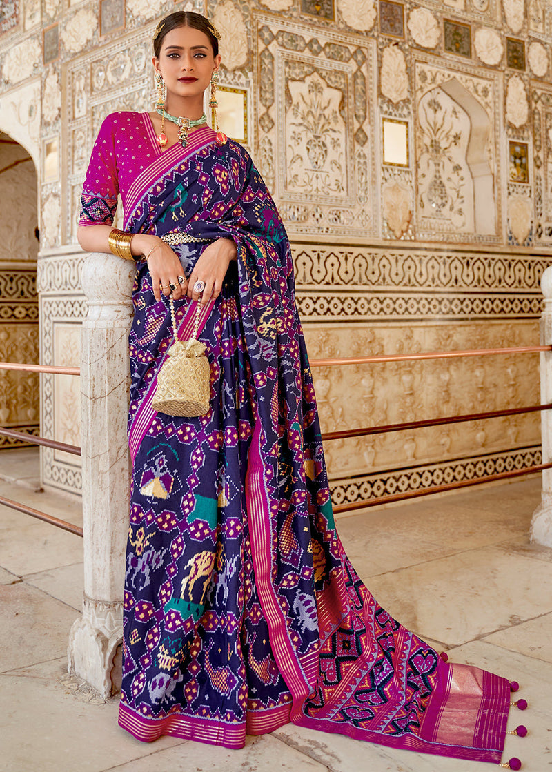 Smoky Blue and Pink Handloom Patola Saree
