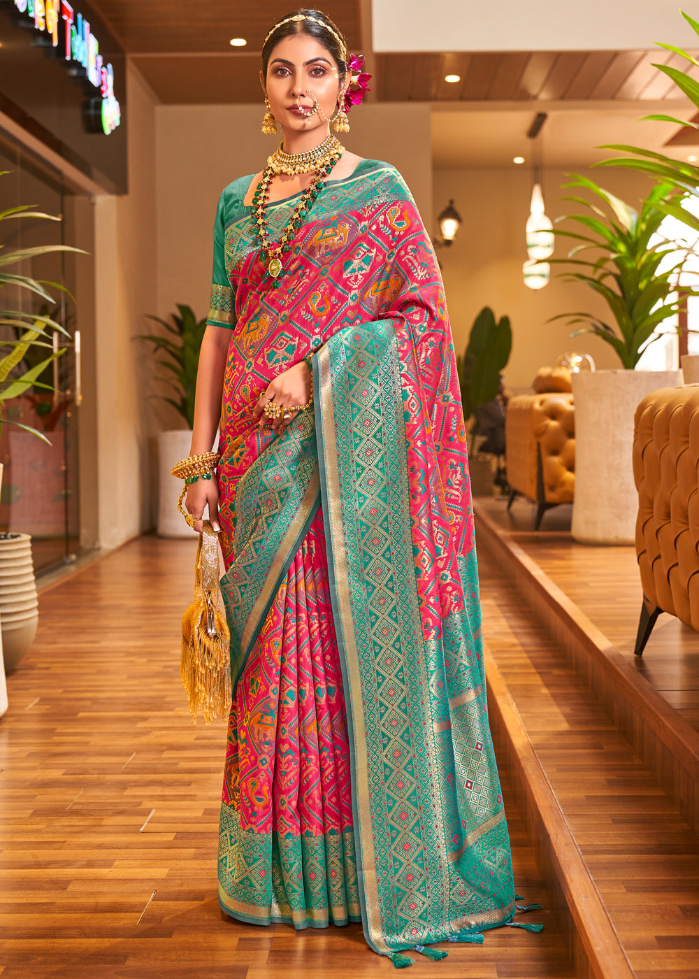 Buy MySilkLove Fiery Rose Pink Woven Banarasi Patola Silk Saree Online